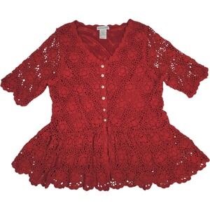 Jessica London Peplum Crochet Knit Top Red Sz 14/16 Button Boho Cottagecore Y2K
